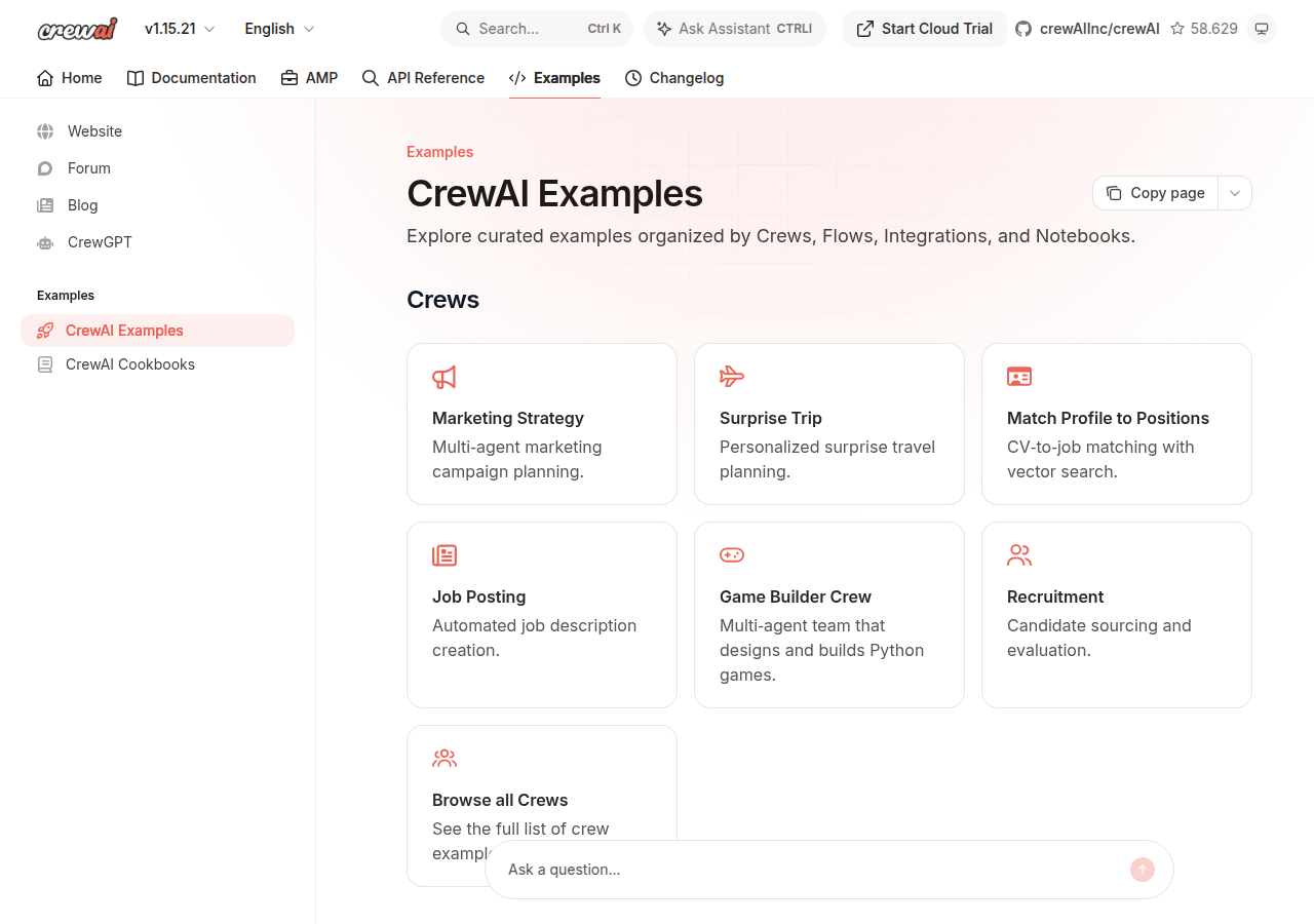 Pagina CrewAI Examples della documentazione ufficiale con le schede degli esempi: Marketing Strategy, Surprise Trip, Match Profile to Positions, Job Posting, Game Builder Crew, Recruitment