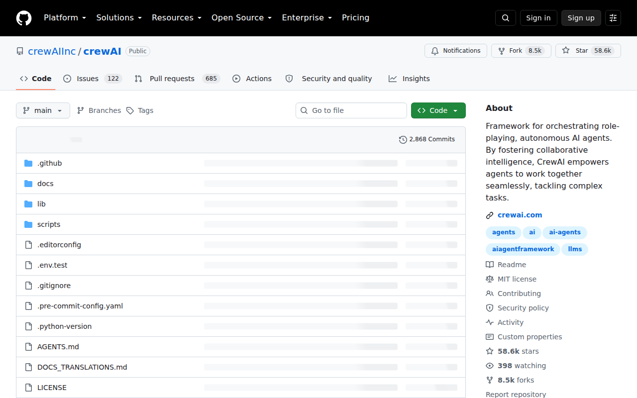 Pagina GitHub del progetto crewAIInc/crewAI con 58,6 mila stelle e licenza MIT