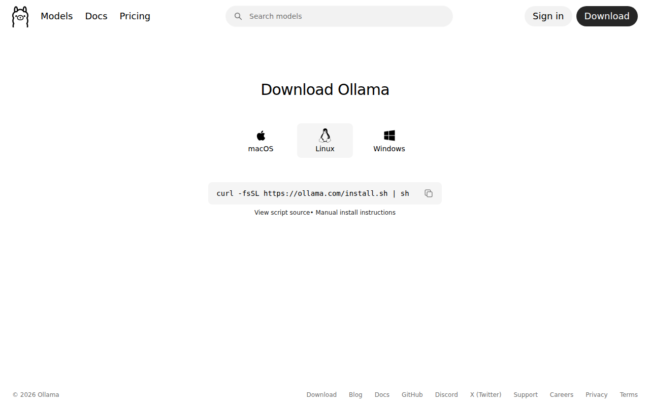 Pagina Download Ollama con le schede macOS, Linux e Windows e il comando curl per Linux