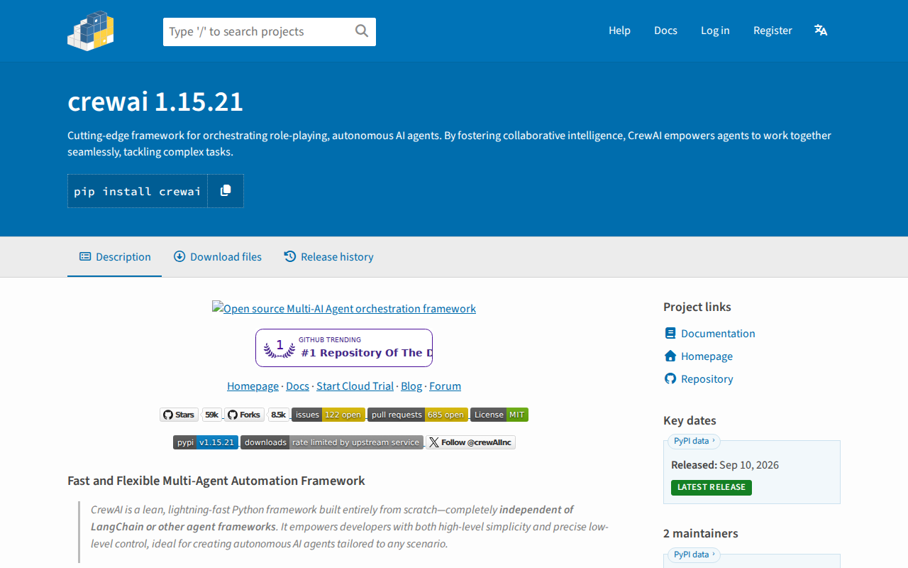 Pagina del pacchetto crewai 1.15.21 su PyPI, con il comando pip install crewai e la data di rilascio