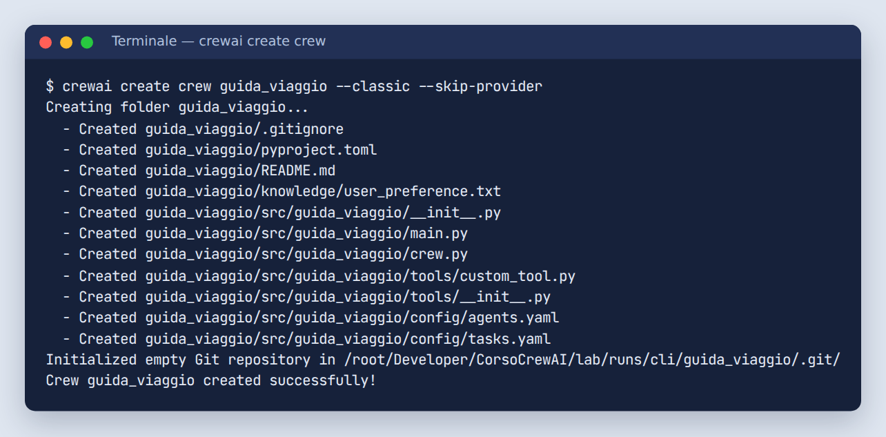 Terminale: crewai create crew guida_viaggio --classic --skip-provider elenca i file creati, tra cui pyproject.toml, main.py, crew.py, agents.yaml e tasks.yaml