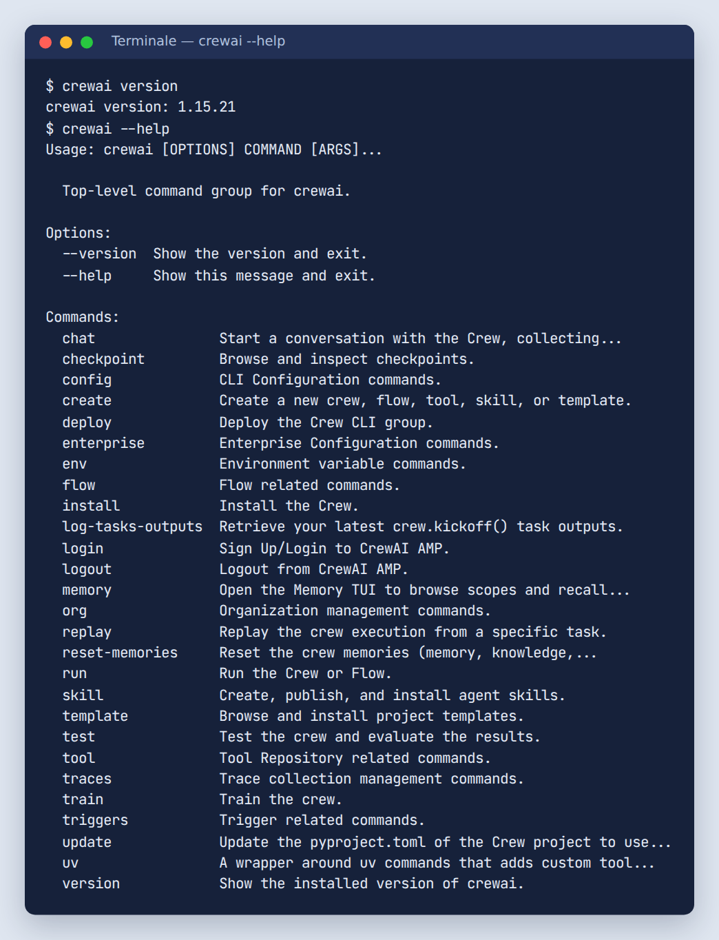 Terminale con l'output di crewai version e crewai --help: l'elenco dei comandi da chat a version
