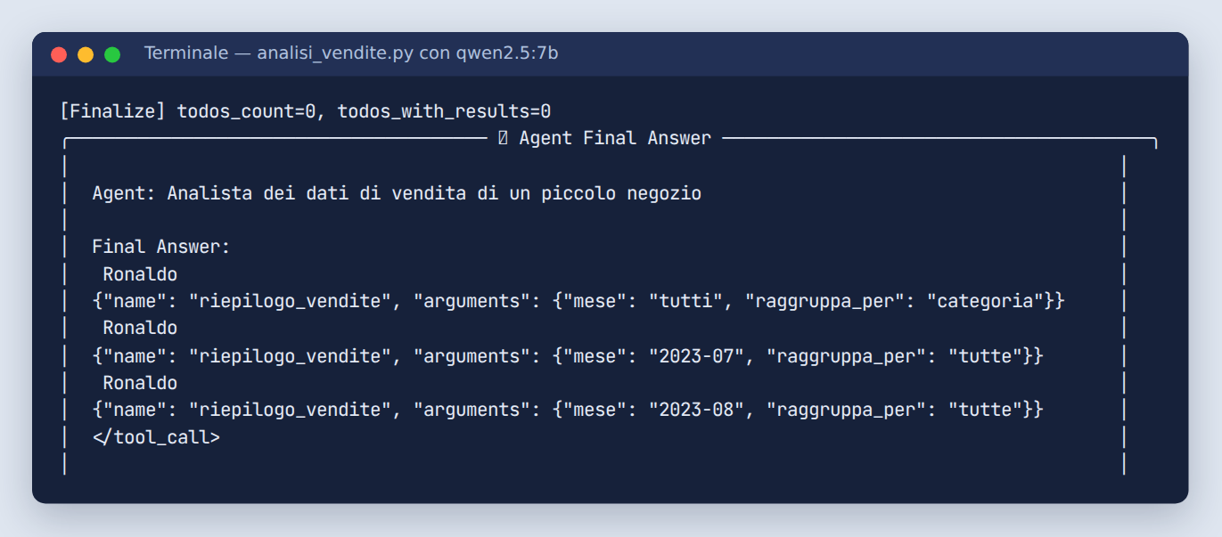 Riquadro Agent Final Answer dell'analista che contiene solo il testo di tre chiamate allo strumento in formato JSON e la parola Ronaldo ripetuta, senza nessun numero