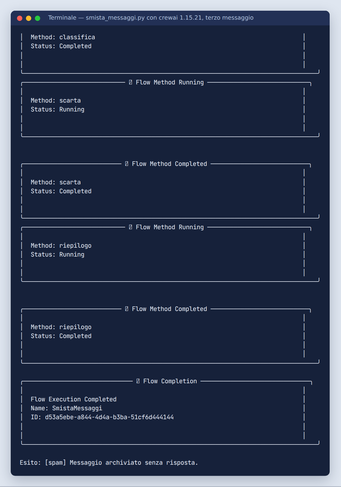 Terminale con i riquadri Flow Method Running e Completed dei passi classifica, scarta e riepilogo, poi la riga Esito spam Messaggio archiviato senza risposta