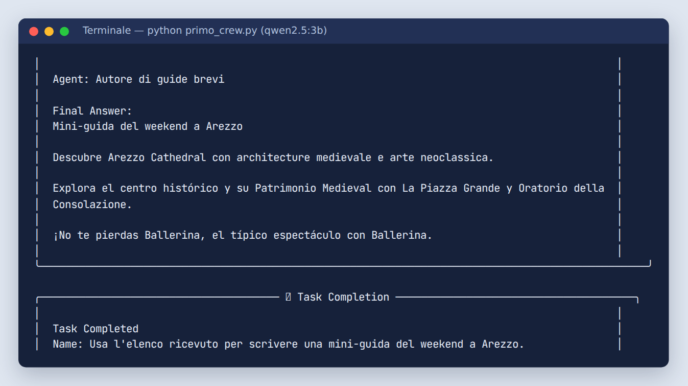 Terminale con la risposta finale dell'Autore di guide brevi scritta in parte in spagnolo, con attrazioni inventate